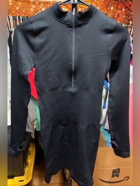 🖤 OQQ Black Ribbed Quarter Zip Mock Neck Thumb Hole Long Sleeve Dress | Medium ✨